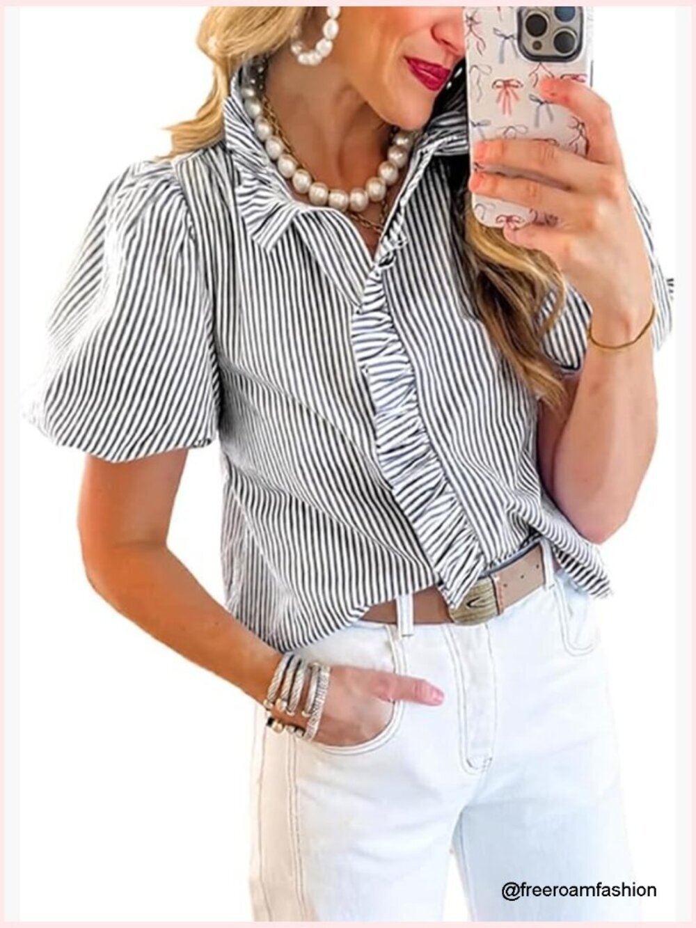 Puffy Sleeve Button Down Ruffle Blouse Striped Work Top